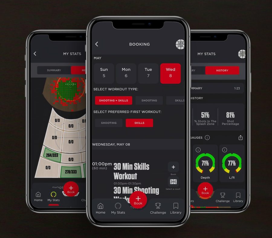 Shoot 360 mobile app showing workout stats and booking screens